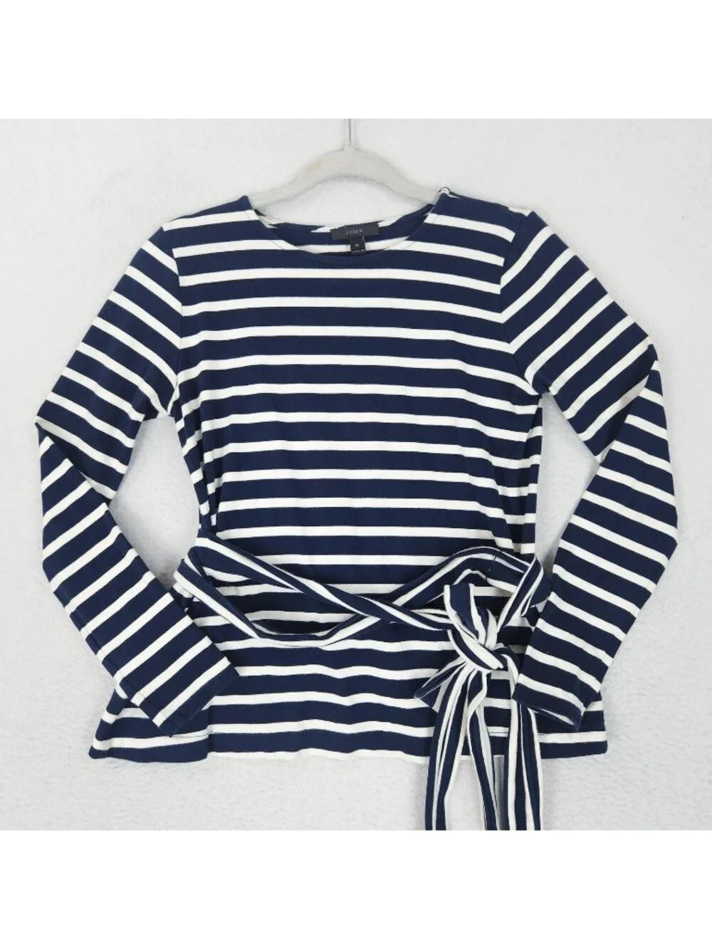 J Crew Shirt Womens XS Blue Striped Tie Waist Nautical Belted Split Back Top
